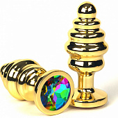 Золотистая ребристая анальная пробка с разноцветным кристаллом - 6 см.