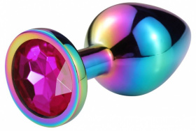Разноцветная гладкая анальная пробка с розовым кристаллом - 6,8 см. фото в интим магазине Love Boat