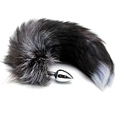 Серебристая анальная пробка с темным лисьим хвостом Black   White Fox Tail Size S