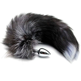 Серебристая анальная пробка с темным лисьим хвостом Black   White Fox Tail Size S фото в интим магазине Love Boat