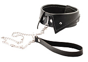
Черный ошейник-воротничок с металлическим поводком фото в интим магазине Love Boat