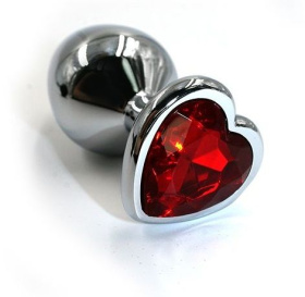 Серебристая анальная пробка с красным кристаллом-сердцем - 8,2 см. фото в интим магазине Love Boat