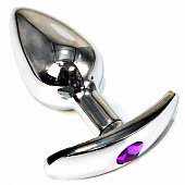 Серебристая анальная пробка для ношения с фиолетовым кристаллом - 6 см.