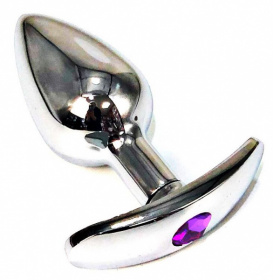 Серебристая анальная пробка для ношения с фиолетовым кристаллом - 6 см. фото в интим магазине Love Boat