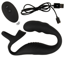 Черное эрекционное кольцо со стимуляцией промежности и анальной пробкой Cock Ring with RC Prostate Plug