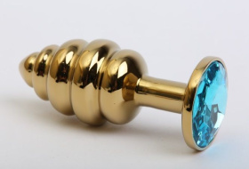 
Золотистая рифлёная пробка с голубым стразом - 8,2 см. фото в интим магазине Love Boat