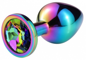 Разноцветная гладкая анальная пробка с радужным кристаллом - 8 см.
