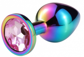 Разноцветная гладкая анальная пробка с нежно-розовым кристаллом - 9,5 см.