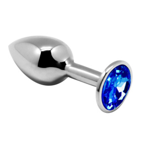 Серебристая анальная втулка с синим кристаллом Mini Metal Butt Plug Size S - 7 см. фото в интим магазине Love Boat