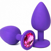 Фиолетовая анальная пробка с розовым стразом - 8 см. 