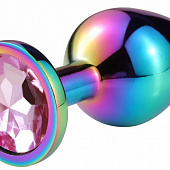 Разноцветная гладкая анальная пробка с нежно-розовым кристаллом - 6,8 см.