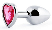 Серебристая анальная пробка с малиновым кристаллом-сердечком - 7 см. фото в интим магазине Love Boat