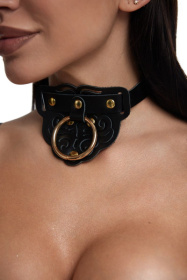 
Черный фигурный кожаный ошейник с золотистой фурнитурой фото в интим магазине Love Boat