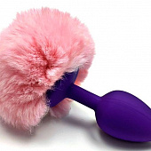 Фиолетовая силиконовая анальная пробка с розовым заячьим хвостиком