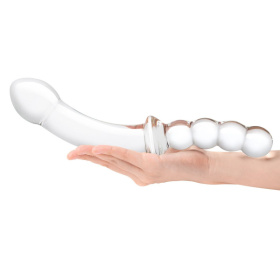 Стеклянный двусторонний фаллоимитатор 12,5’’ Girthy Double Sided Dong With Anal Bead Grip Handle - 32 см.