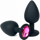 Черная силиконовая анальная пробка с розовым стразом - 8 см.