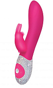 Ярко-розовый вибромассажёр с клиторальным отростком и отделанной стразами рукоятью The Classic Rabbit - 22 см. фото в интим магазине Love Boat