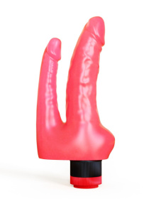 Двойной вибромассажер из розового геля - 19,5 см.