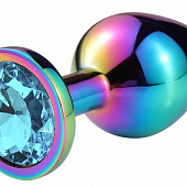 Разноцветная гладкая анальная пробка с голубым кристаллом - 6,8 см.