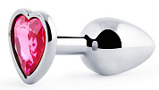 Серебристая анальная пробка с розовым кристаллом-сердечком - 7 см. фото в интим магазине Love Boat
