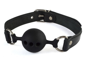 
Силиконовый кляп-шар с ремешками из натуральной кожи черного цвета фото в интим магазине Love Boat