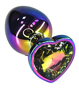 Анальная пробка цвета неохром с радужным кристаллом в форме сердца - 10 см. фото в интим магазине Love Boat