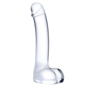 Прозрачный стеклянный фаллос с мошонкой Curved G-Spot - 18 см. фото в интим магазине Love Boat