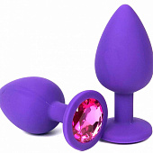 Фиолетовая анальная пробка с розовым стразом - 9,2 см.