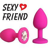 Розовая конусовидная анальная пробка с прозрачным кристаллом - 7,3 см.