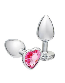 Серебристая анальная пробка с розовым кристаллом в форме сердца - 7 см. фото в интим магазине Love Boat