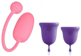 Подарочный набор: розовый тренажер Кегеля Magic Kegel Coach и фиолетовые менструальные чаши фото в интим магазине Love Boat