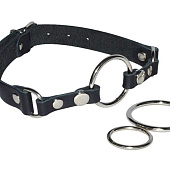 Черный кожаный кляп с 3 сменными кольцами