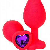 Красная силиконовая анальная пробка с фиолетовым стразом-сердцем - 8,5 см.
