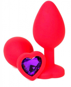Красная силиконовая анальная пробка с фиолетовым стразом-сердцем - 8,5 см.