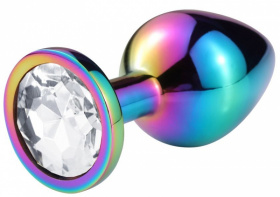 Разноцветная гладкая анальная пробка с прозрачным кристаллом - 7,5 см. фото в интим магазине Love Boat