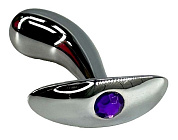 Серебристая загнутая анальная пробка для ношения c фиолетовым кристаллом - 8 см. фото в интим магазине Love Boat
