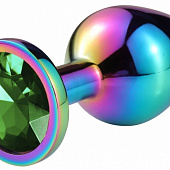 Разноцветная гладкая анальная пробка с зеленым кристаллом - 6,8 см.