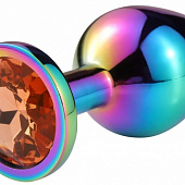 Разноцветная гладкая анальная пробка с красным кристаллом - 9,5 см.