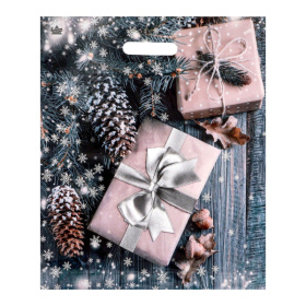 Новогодний пакет с принтом в виде подарков и вырубной ручкой (45х38 см) фото в интим магазине Love Boat