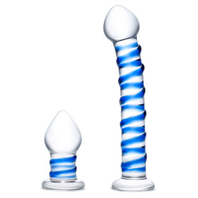 Набор из 2 стеклянных игрушек с синей спиралью Swirly Dildo   Buttplug Set фото в интим магазине Love Boat