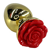 Золотистая анальная пробка с ограничителем в форме красной розы - 10 см. фото в интим магазине Love Boat