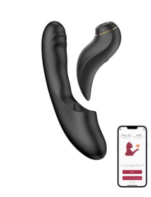 Черный вибратор с возвратно-поступательными движениями и вакуумом Fatima - 19,2 см.