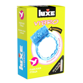 Голубое эрекционное виброкольцо Luxe VIBRO «Райская птица» + презерватив фото в интим магазине Love Boat