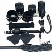 Набор БДСМ в черном цвете: наручники, поножи, кляп, ошейник с поводком, маска, веревка, плеть