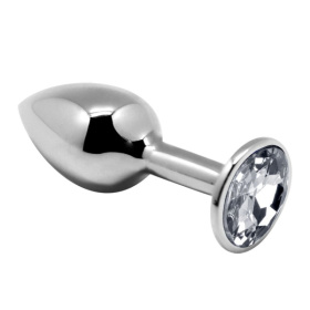 Серебристая анальная втулка с прозрачным кристаллом Mini Metal Butt Plug Size L - 9 см. фото в интим магазине Love Boat