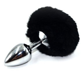 Серебристая округлая анальная пробка с заячьим хвостиком черного цвета - 11,5 см. фото в интим магазине Love Boat