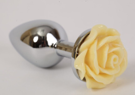 
Серебристая анальная пробка с жёлтой розой - 8 см. фото в интим магазине Love Boat