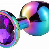 Разноцветная гладкая анальная пробка с фиолетовым кристаллом - 7,5 см.