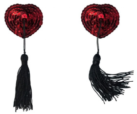 Красные пэстисы-сердечки Gipsy с черными кисточками фото в интим магазине Love Boat