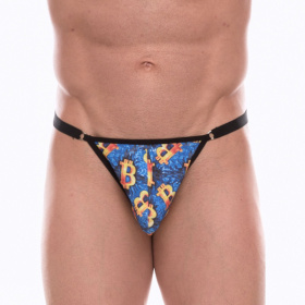 Синие мужские трусы-тонги с разноцветным принтом фото в интим магазине Love Boat